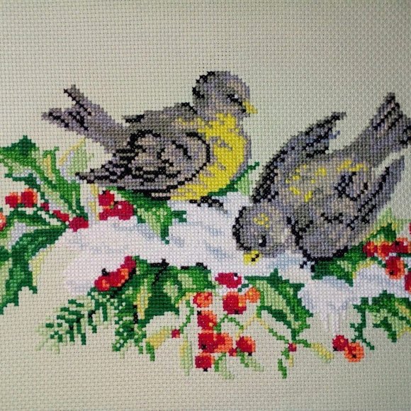 New Handmade Embroidered picture "Titmice " 26 cm x 16 cm Cross Stitch - Picture 1 of 4